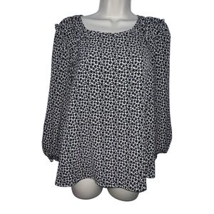 MAX‎ STUDIO Women's Shirt Blouse Ruffled Sleeve Elastic Cuffs White Black Print